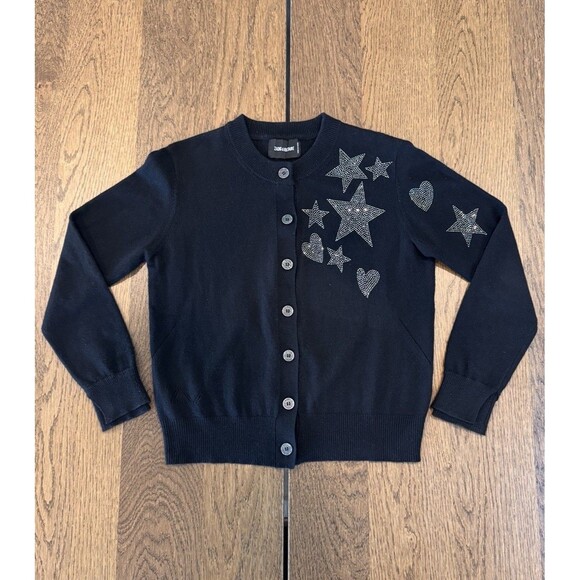 Zadig & Voltaire Cashmere Cardigan Sweater Women’s Sz S Black Rhinestone Stars - Picture 1 of 11